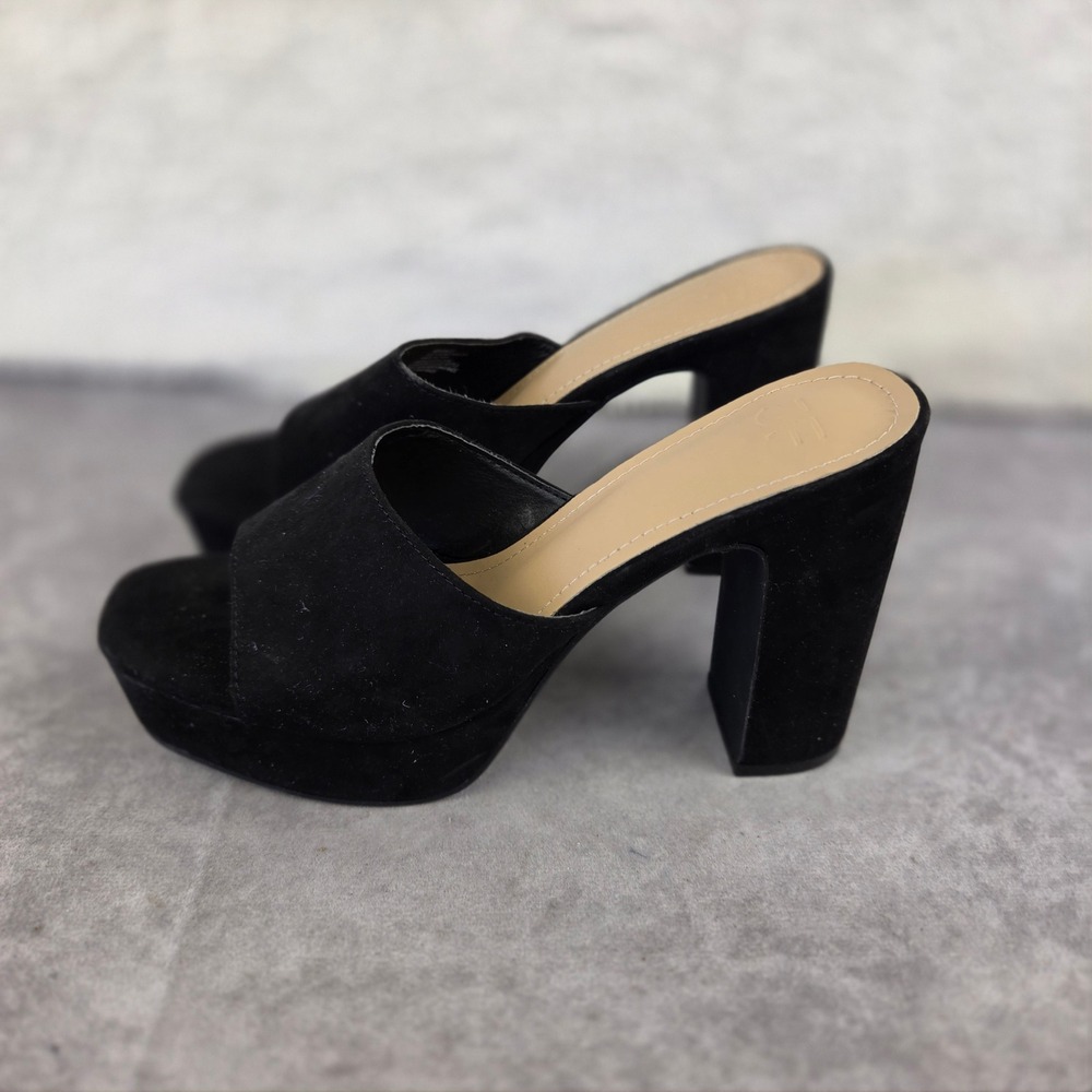 Abigaile Black Faux Suede Platform Block Heel Mules Open Toe Slide Sandals 7.5